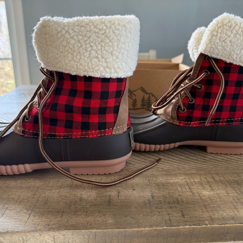 Red and Black Plaid Winter Boots with Fluffy Cuff